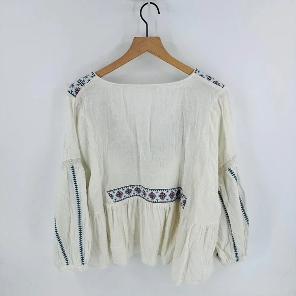 Lucky Brand Ivory Embroidered Cotton Gauze Peasant Blouse Size L Boho Peasant - Picture 2 of 9